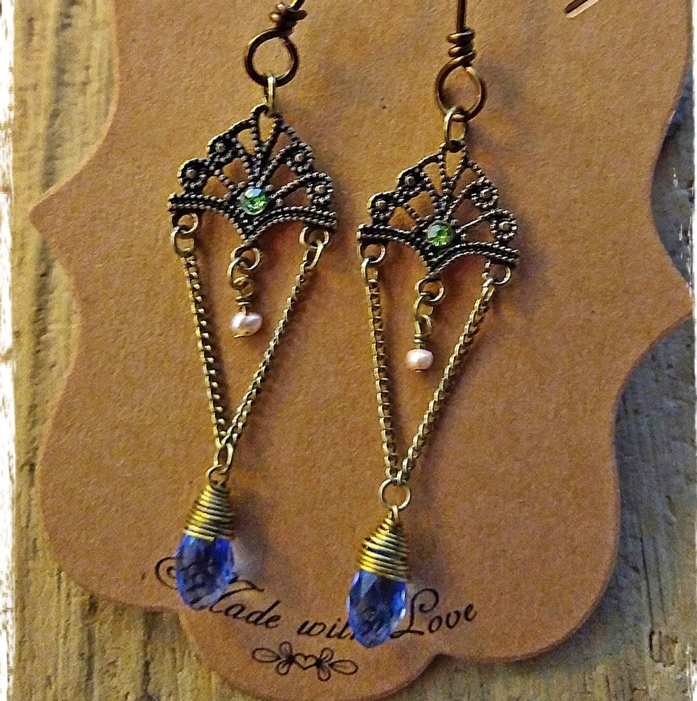 Boho Vibe Brass & Copper Marcasite Design With Crystal and Small Pearl Earrings